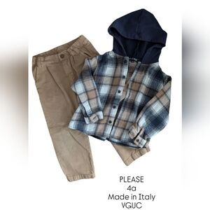PLEASE Made In Italy Plaid Hooded Shirt Kids Corduroy Pants Matching Set 4T